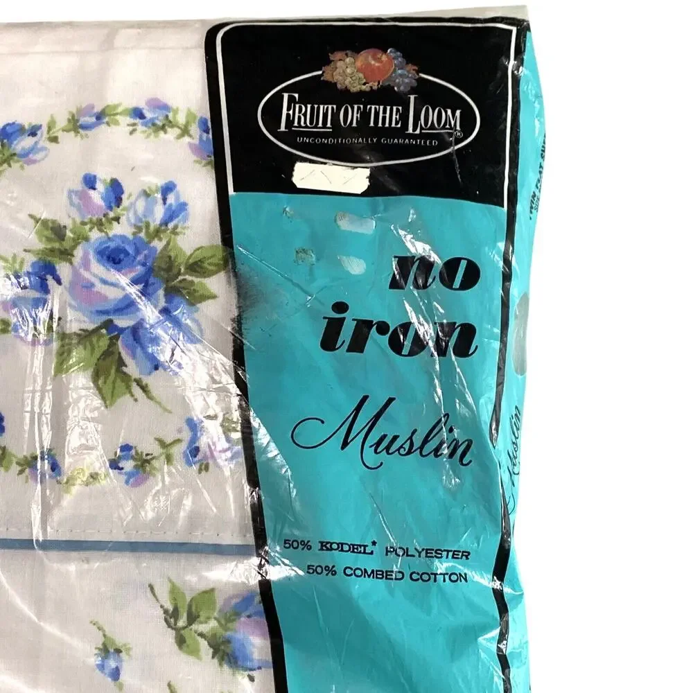 Vintage 1970s NOS  Twin Flat Sheet Fruit Of The Loom Muslin Blue Rose Flower